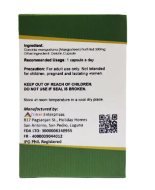 Mangosteen capsules box nutritional information and ingredients label
