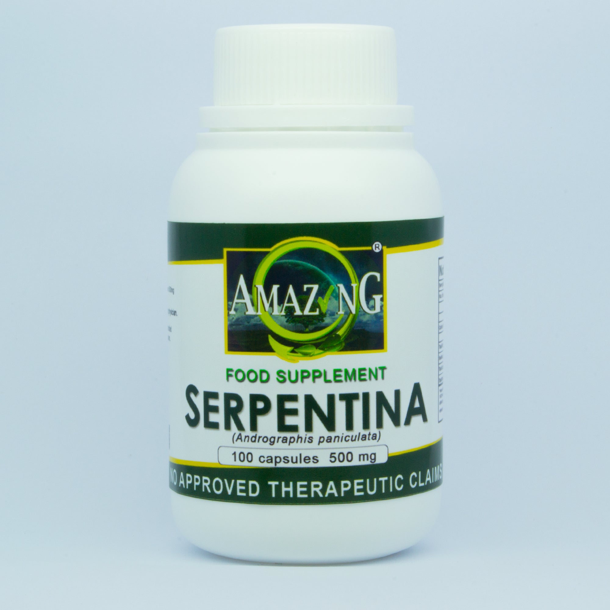 Serpentina 500mg capsules bottle of 100 front view - FDA registered