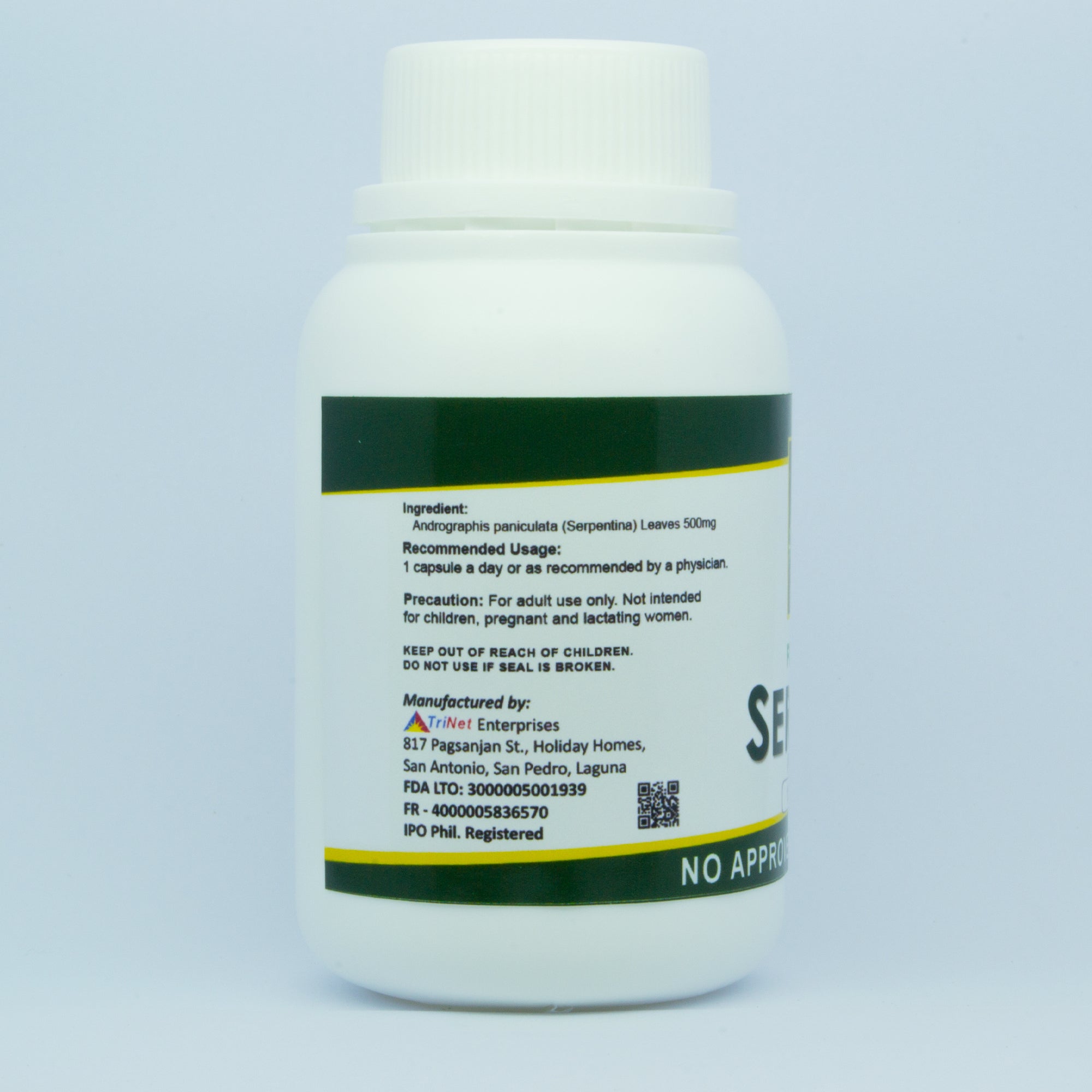 Serpentina capsules nutritional information and ingredients label