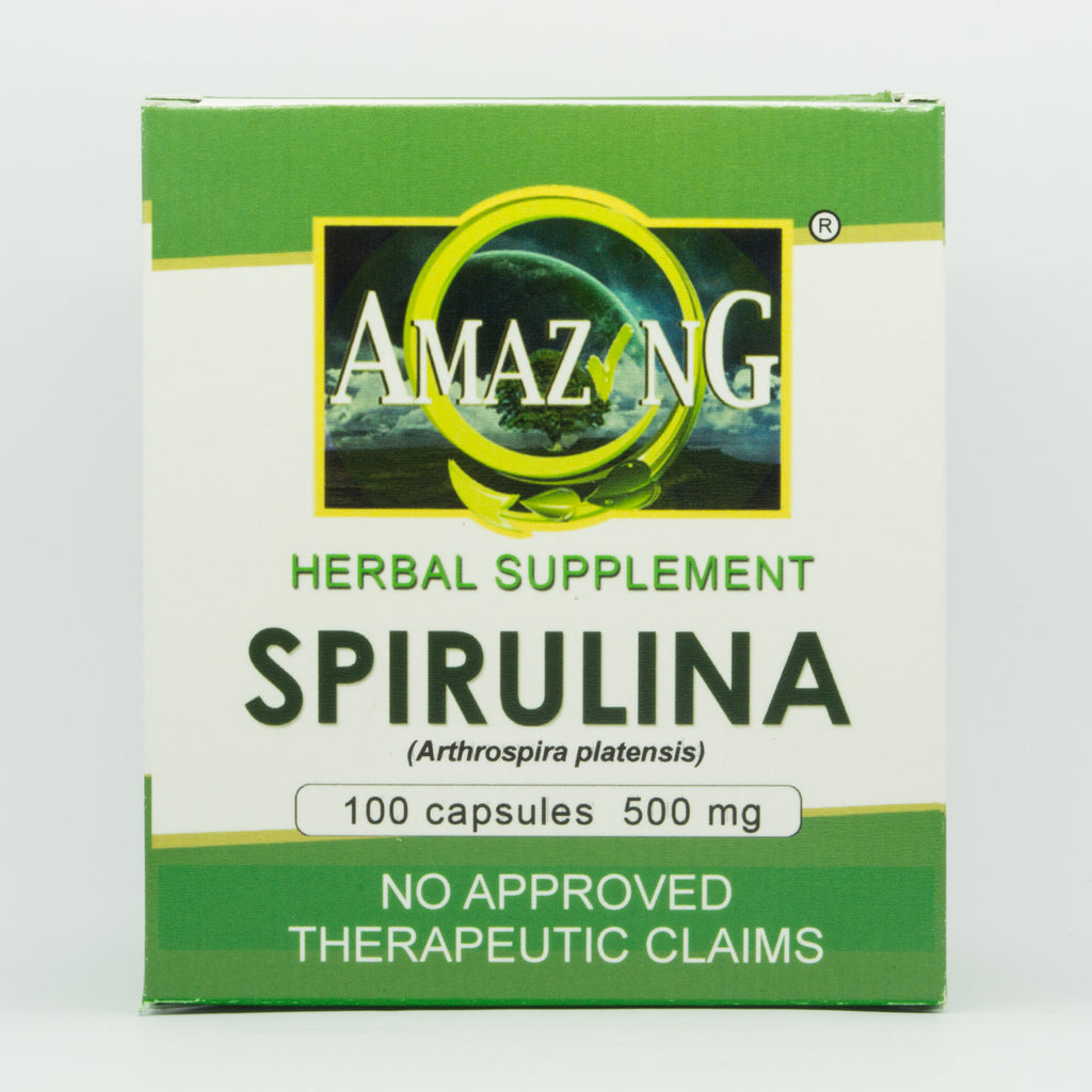 Spirulina 500mg capsules box of 100 front view - FDA registered