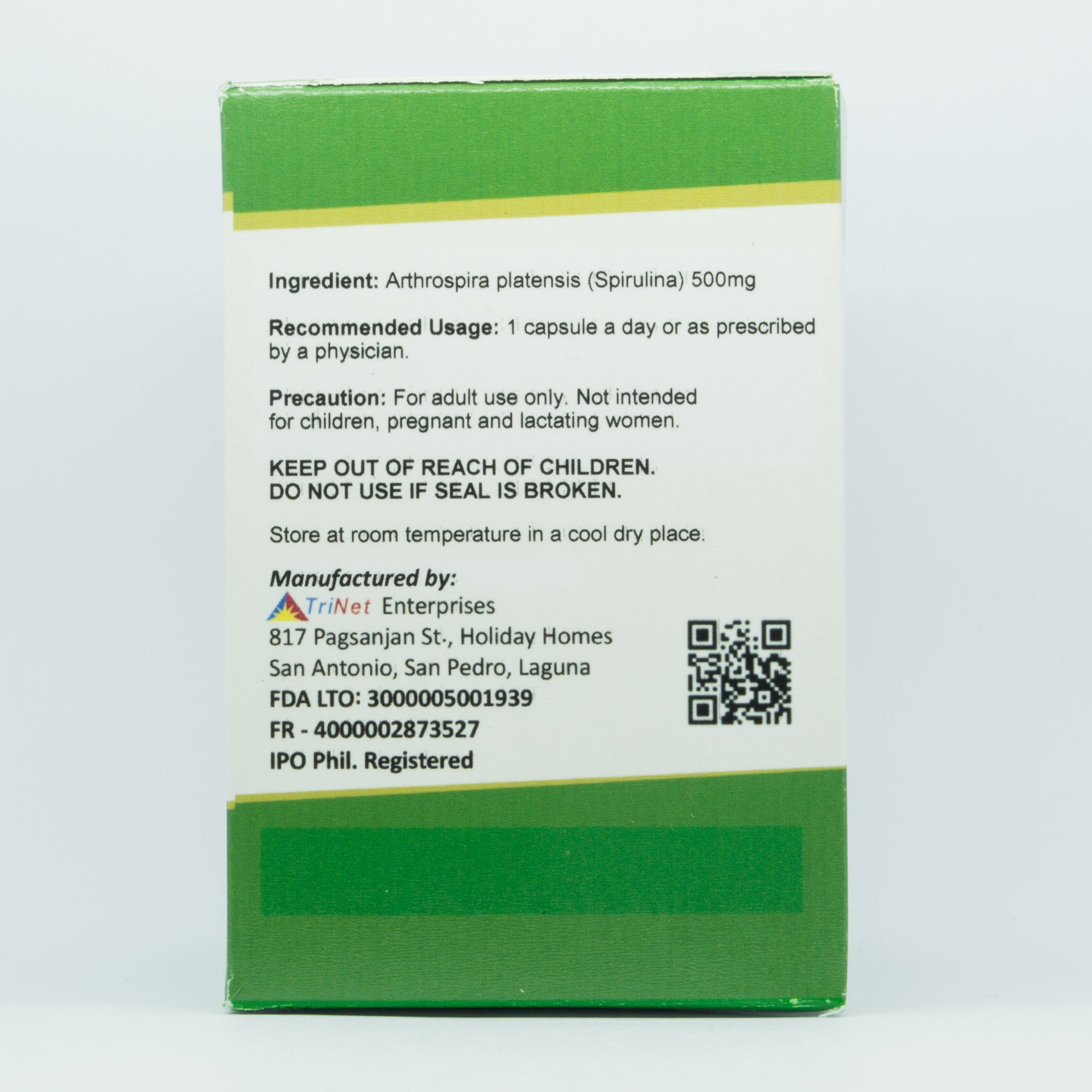 Spirulina capsules box additional product information
