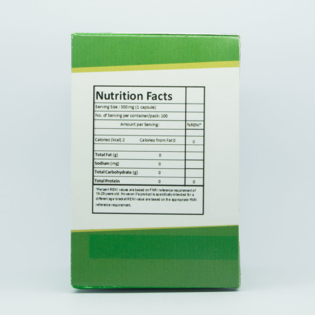 Spirulina capsules box nutritional information and ingredients