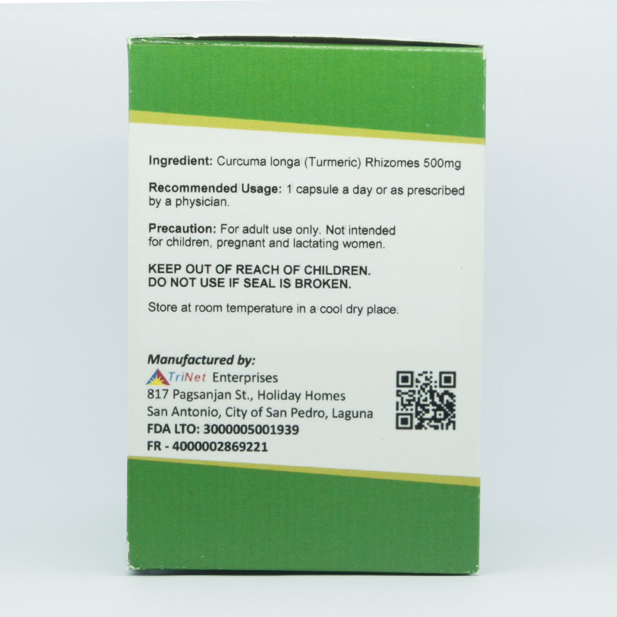 Turmeric capsules box nutritional information and ingredients label