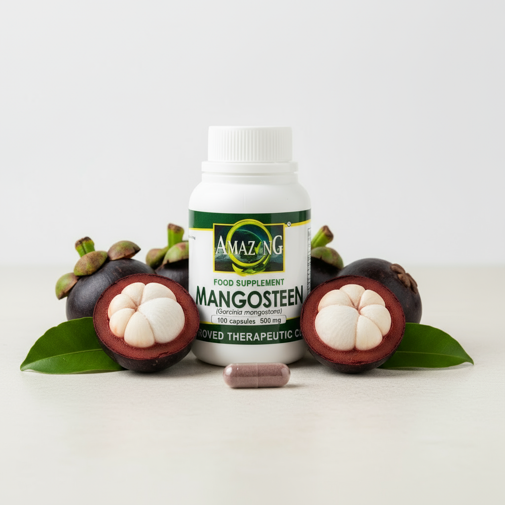 Mangosteen capsules bottle with mangosteen fruits - Amazing Food Supplement 500mg