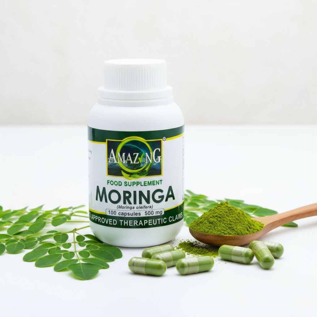 Moringa Malunggay capsules bottle with powder and leaves - Amazing Food Supplement 500mg