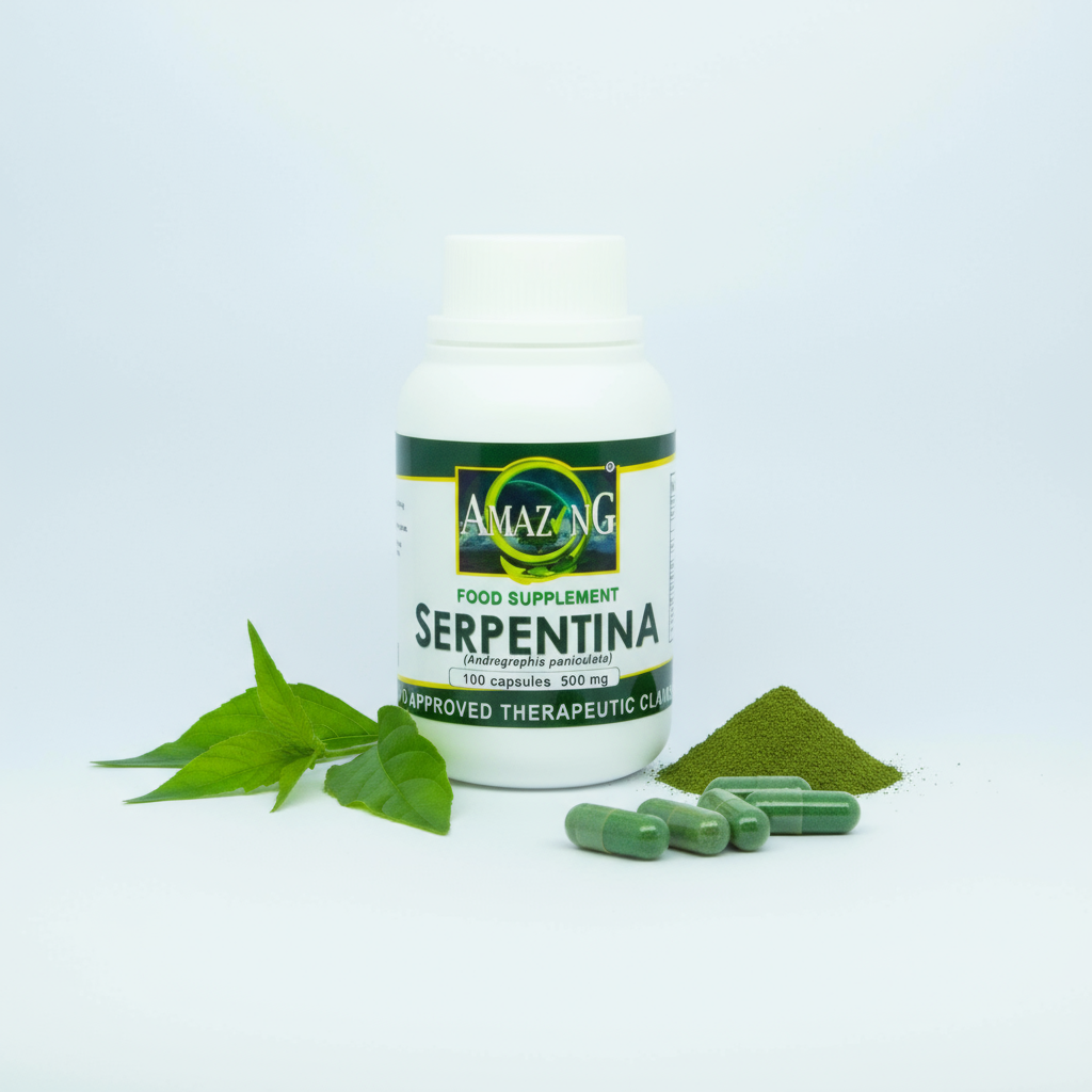 Serpentina capsules bottle with powder and leaves - Amazing Food Supplement 500mg