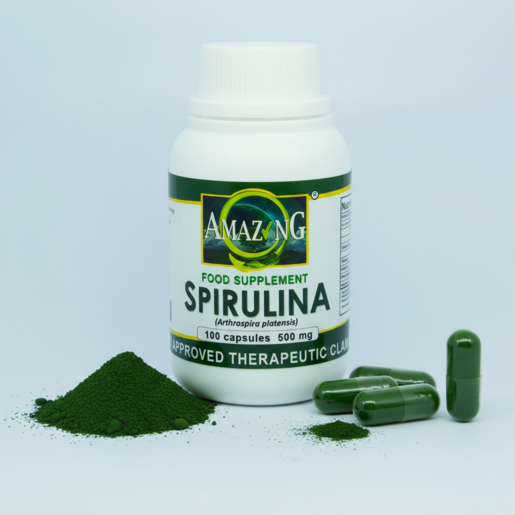 Spirulina capsules bottle with powder and capsules