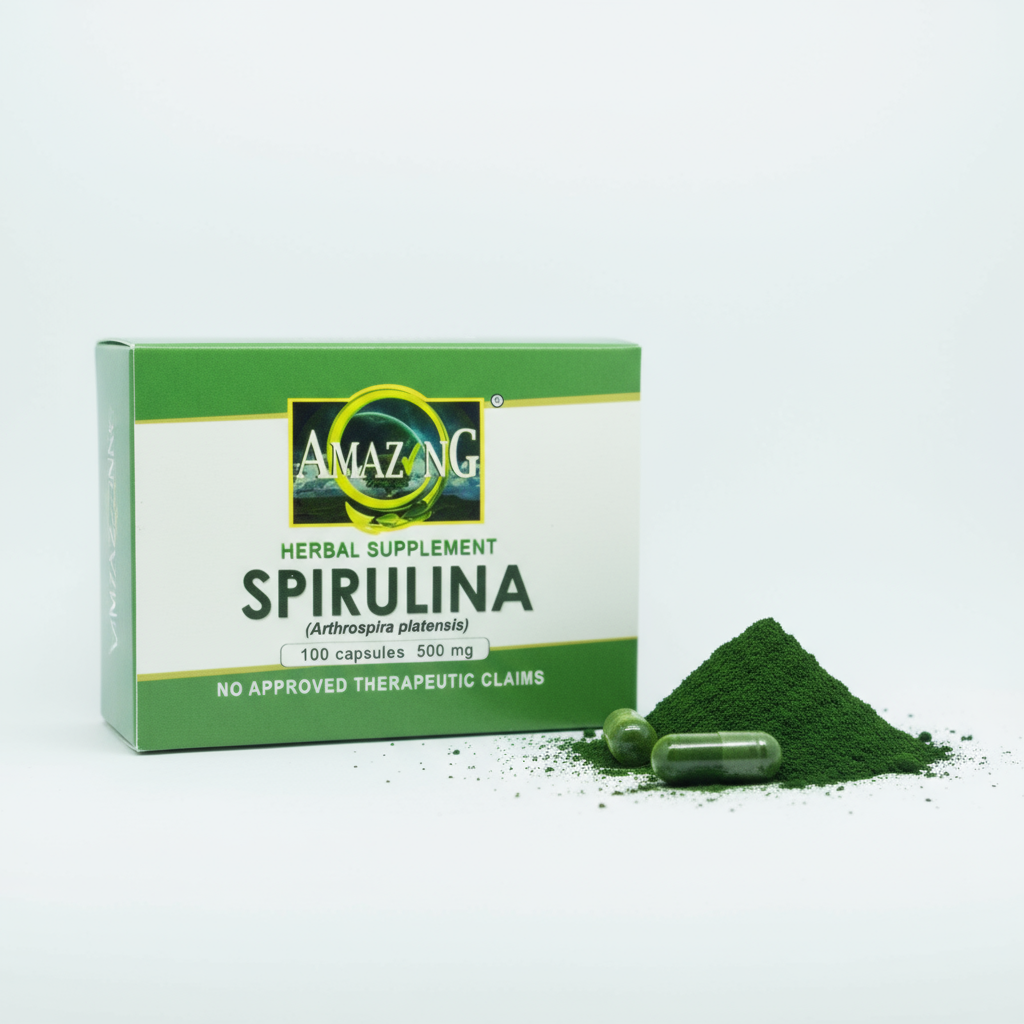 Spirulina capsules box with powder - Amazing Food Supplement 500mg