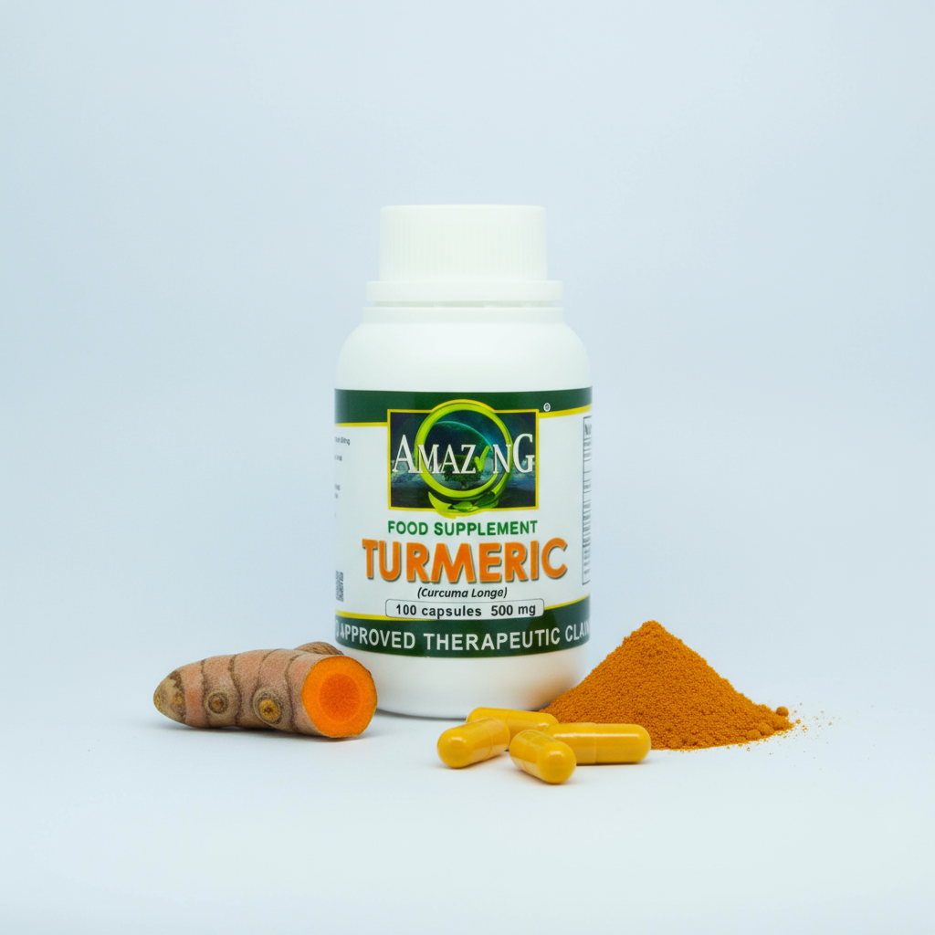 Turmeric capsules bottle clean presentation - Amazing Food Supplement 500mg
