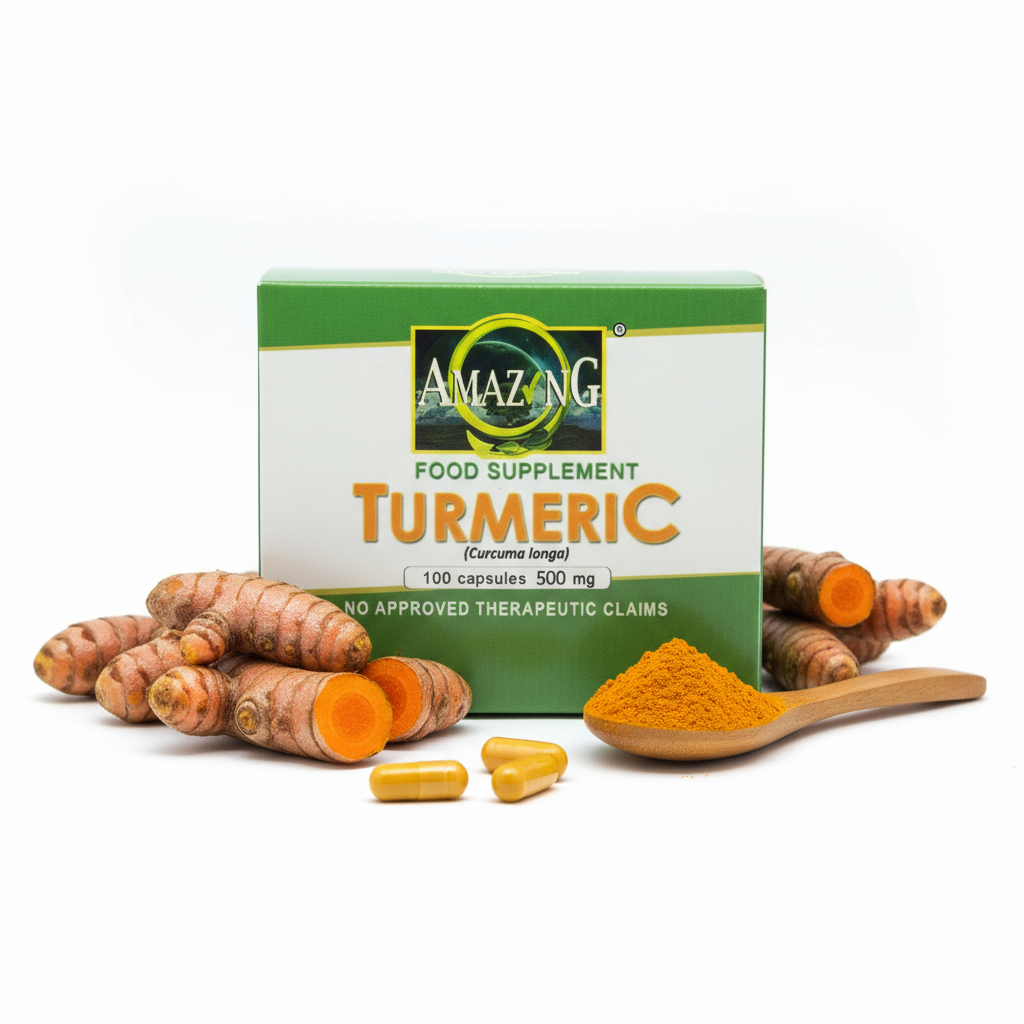 Turmeric capsules box with proportionate capsules - Amazing Food Supplement 500mg